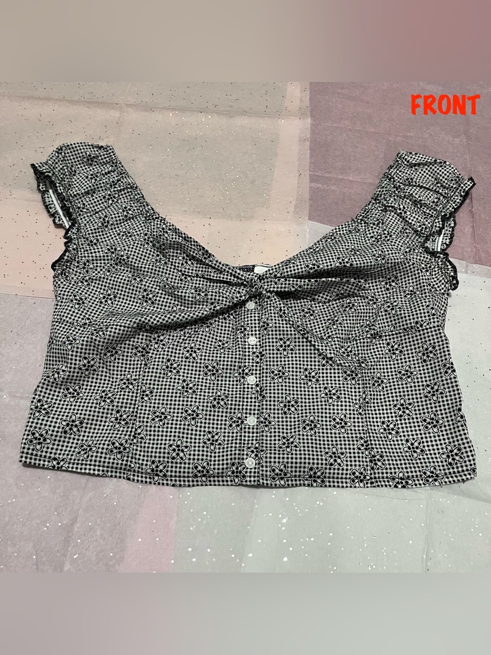 PINK by Frankies Bikinis Gingham Marilyn Short Sleeve Poplin Blouse